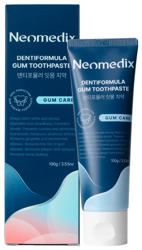 네오메딕스 덴티포뮬러 잇몸 치약, 남색 상자와 튜브, 정면
