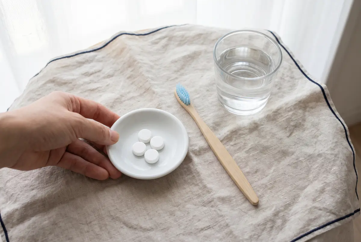 리넨 위에 놓인 흰 알약 접시, 칫솔, 물 한 잔