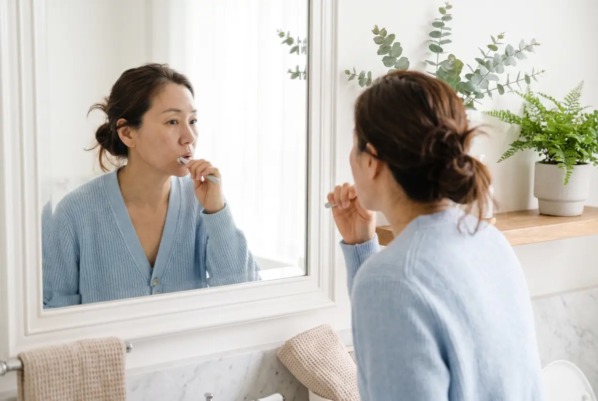 밝은 욕실에서 양치하는 50대 여성