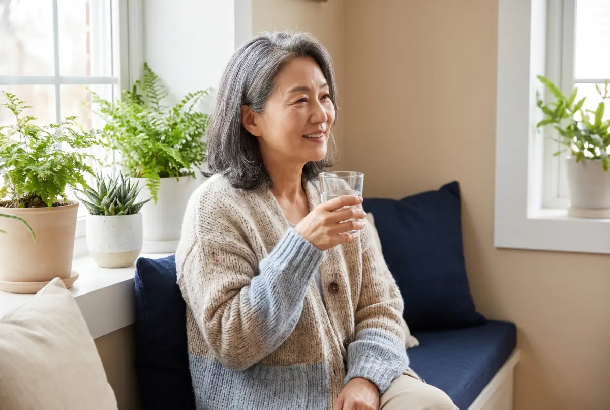 햇빛 드는 창가에서 물을 마시는 60대 여성