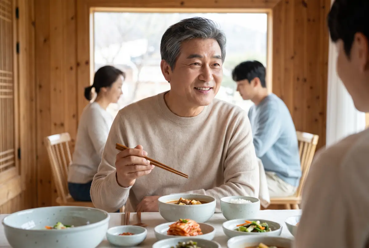 식탁에서 한식을 먹으며 웃는 60대 남성